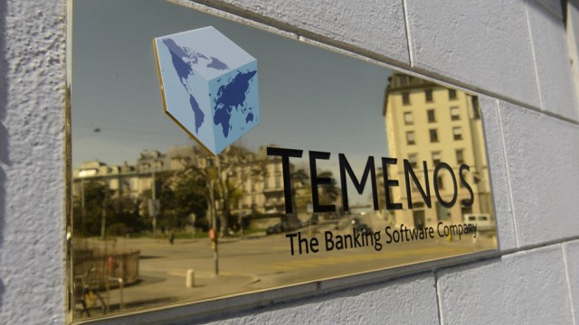 Das Temenos-Logo am Sitz in Genf.